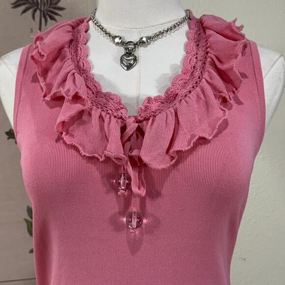 Vintage 90s Y2k Pink Ruffle Crochet Trim Top Coquette Dollette Dolly Cutecore S - Picture 3 of 6